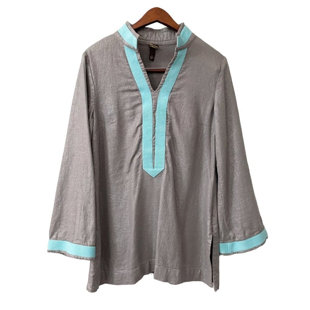 Boo Gemes Silver Blue Trim Metallic V-Neck Tunic Women's Size Small Linen Blend